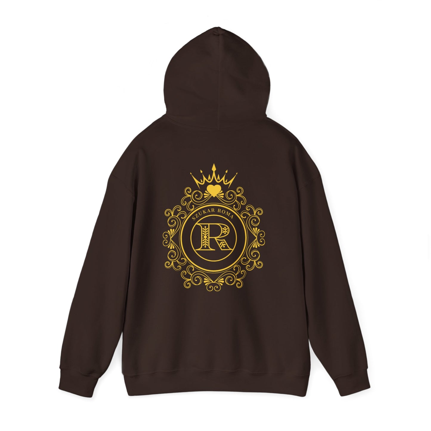 Szukar Roma insignia hoodie — circle crest featuring the letter R and a small crown symbol of pride.


