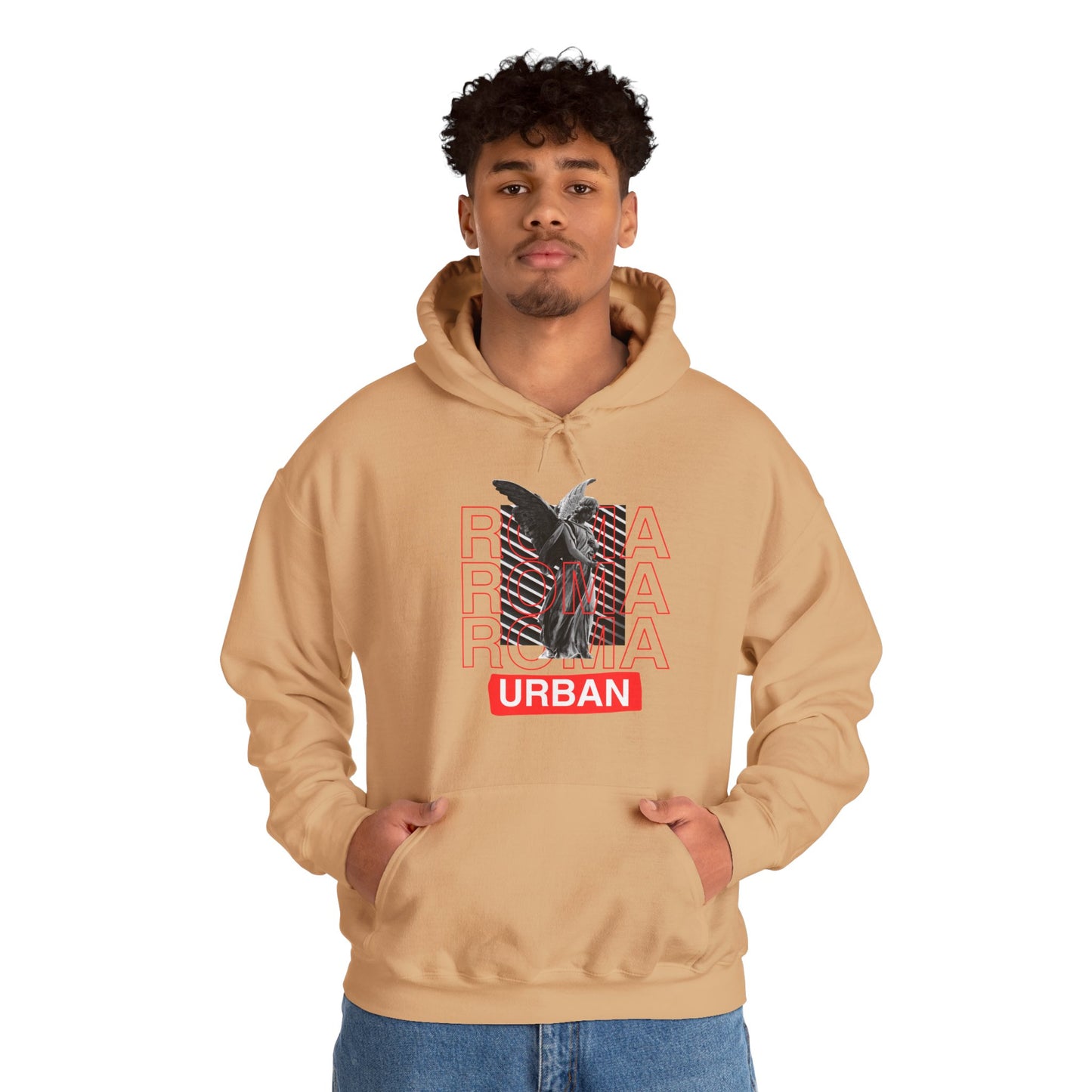 Hoodie blending classical art and street style—statue on ROMA text with subtle “URBAN” text.

