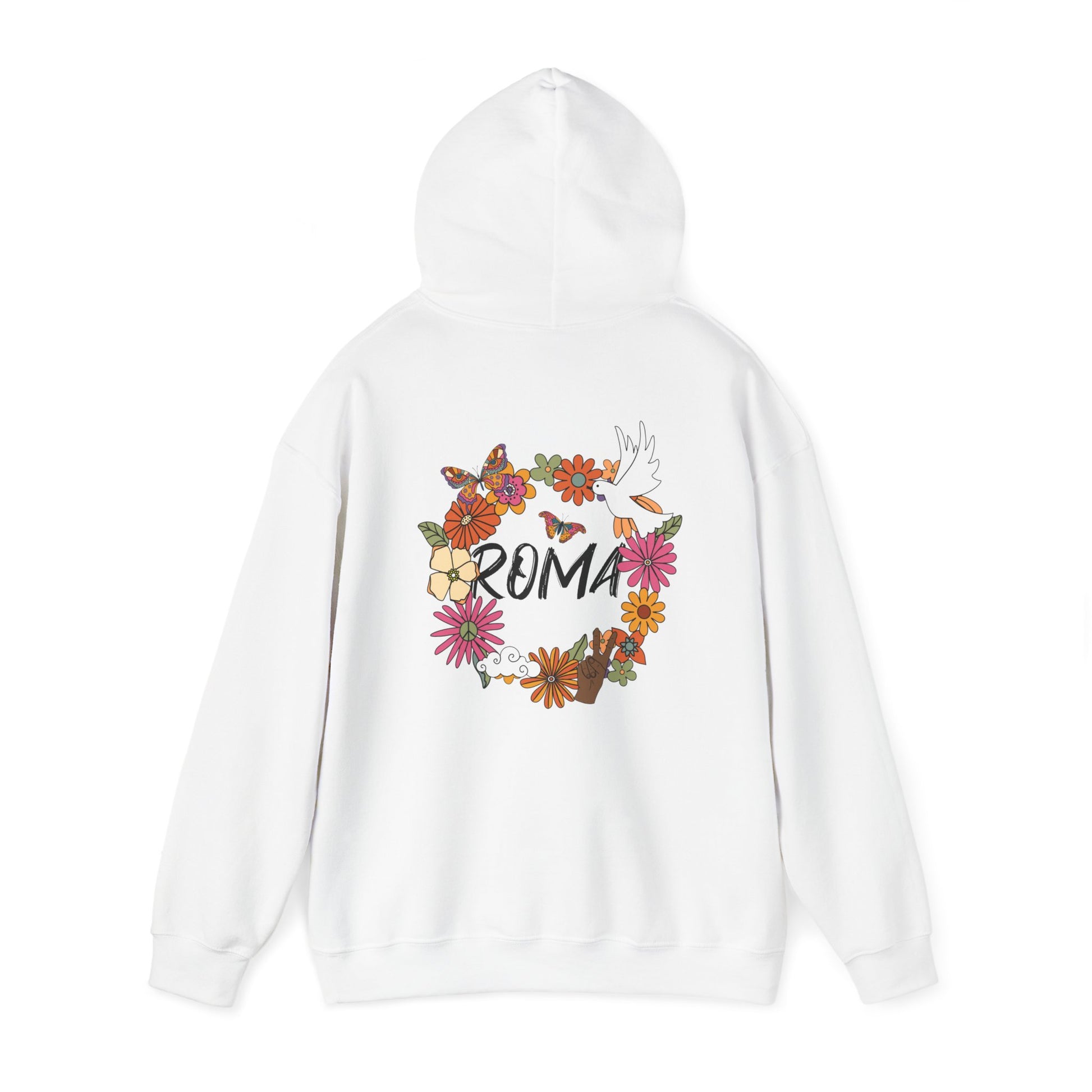 Artistic hoodie featuring ethereal flowers in a circular layout, a peaceful dove, and centered “ROMA” calligraphy.