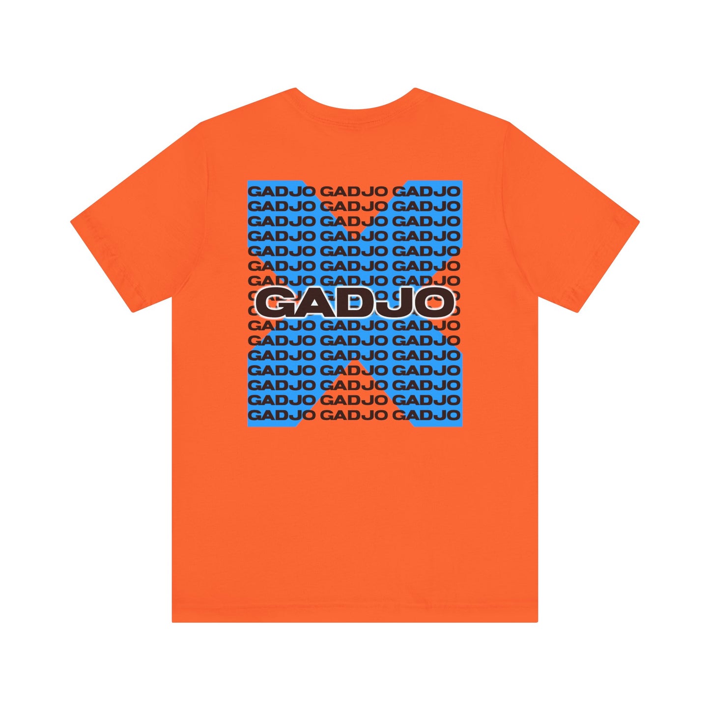 T-shirt design with bold GADJO text surrounded by tribal arrows and geometric frames.