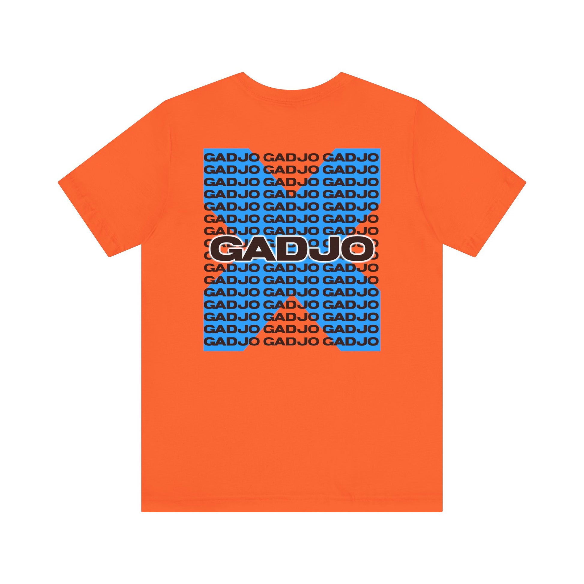 T-shirt design with bold GADJO text surrounded by tribal arrows and geometric frames.