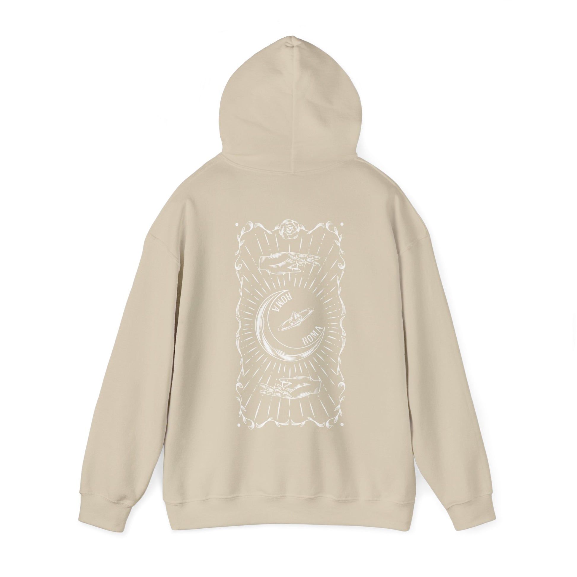 Comfortable gray hoodie with artistic half-moon and ROMA text illustration