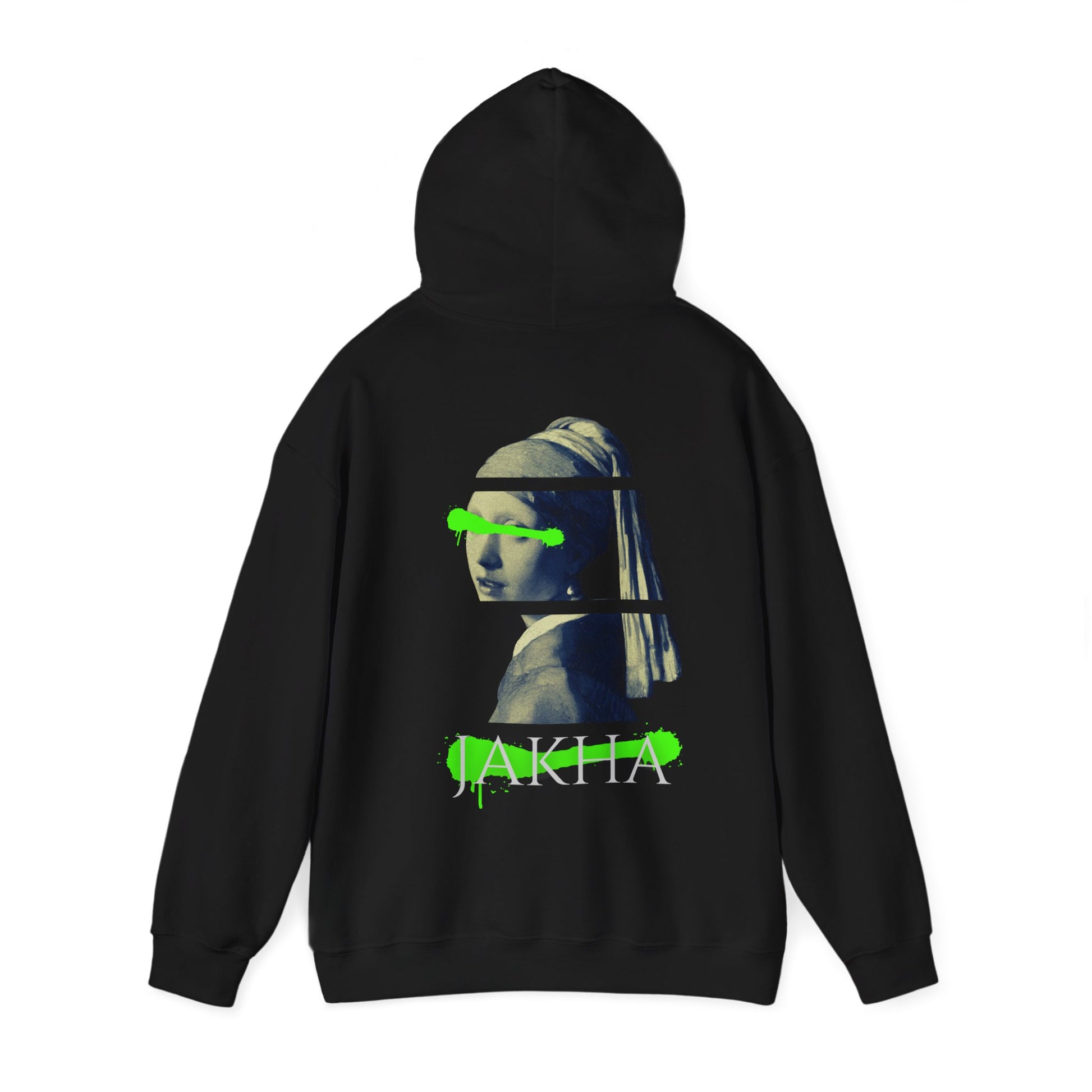 Black hoodie with graphic design on the back on a white background