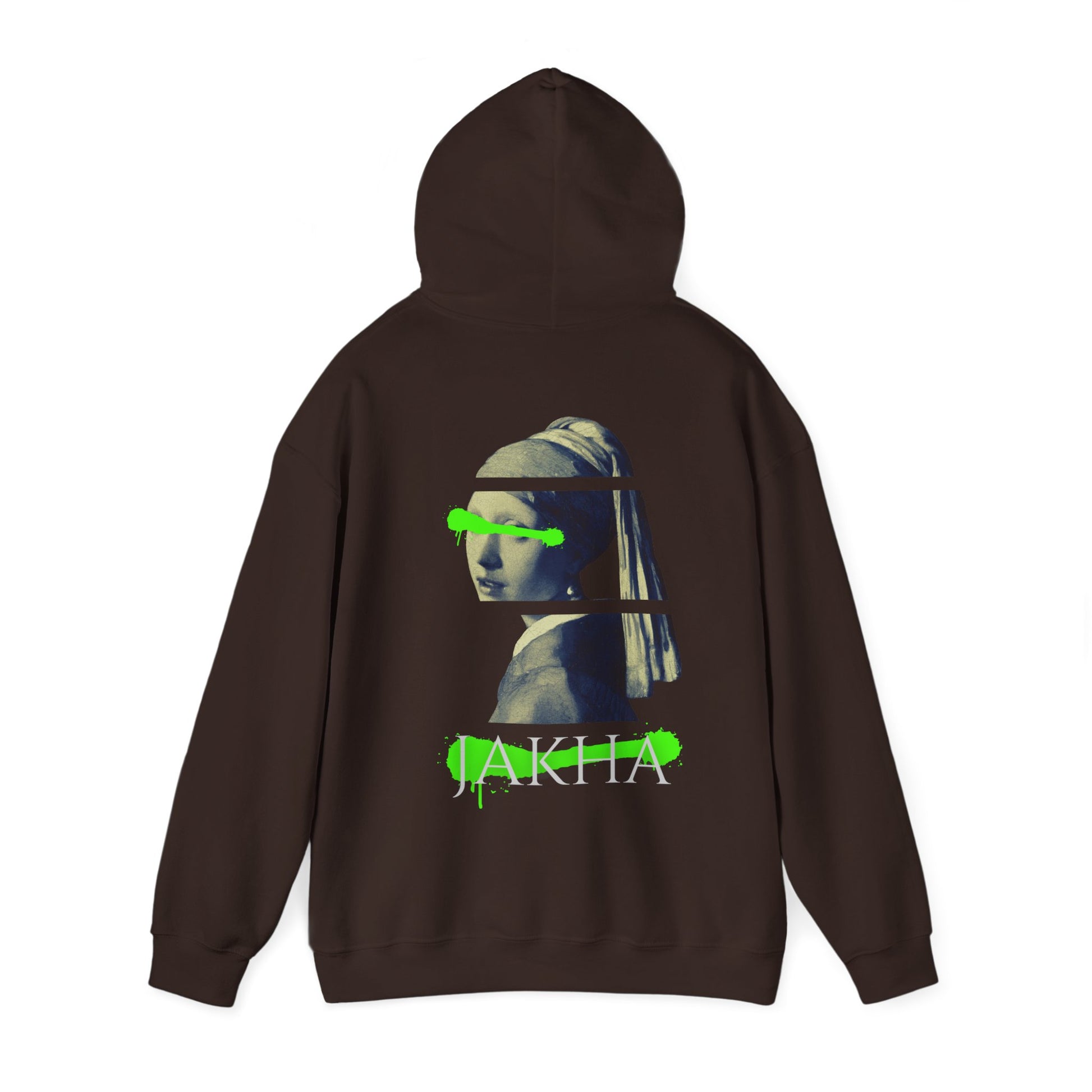 Brown hoodie with graphic design on the back on a white background