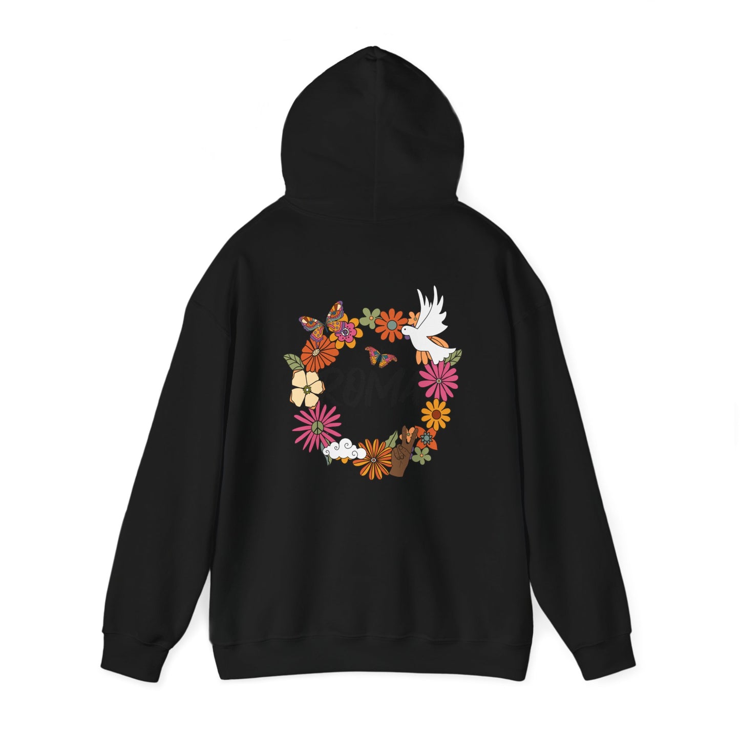 Hoodie with hand-drawn flower motifs creating a soft wreath around a dove and the classic “ROMA” name.