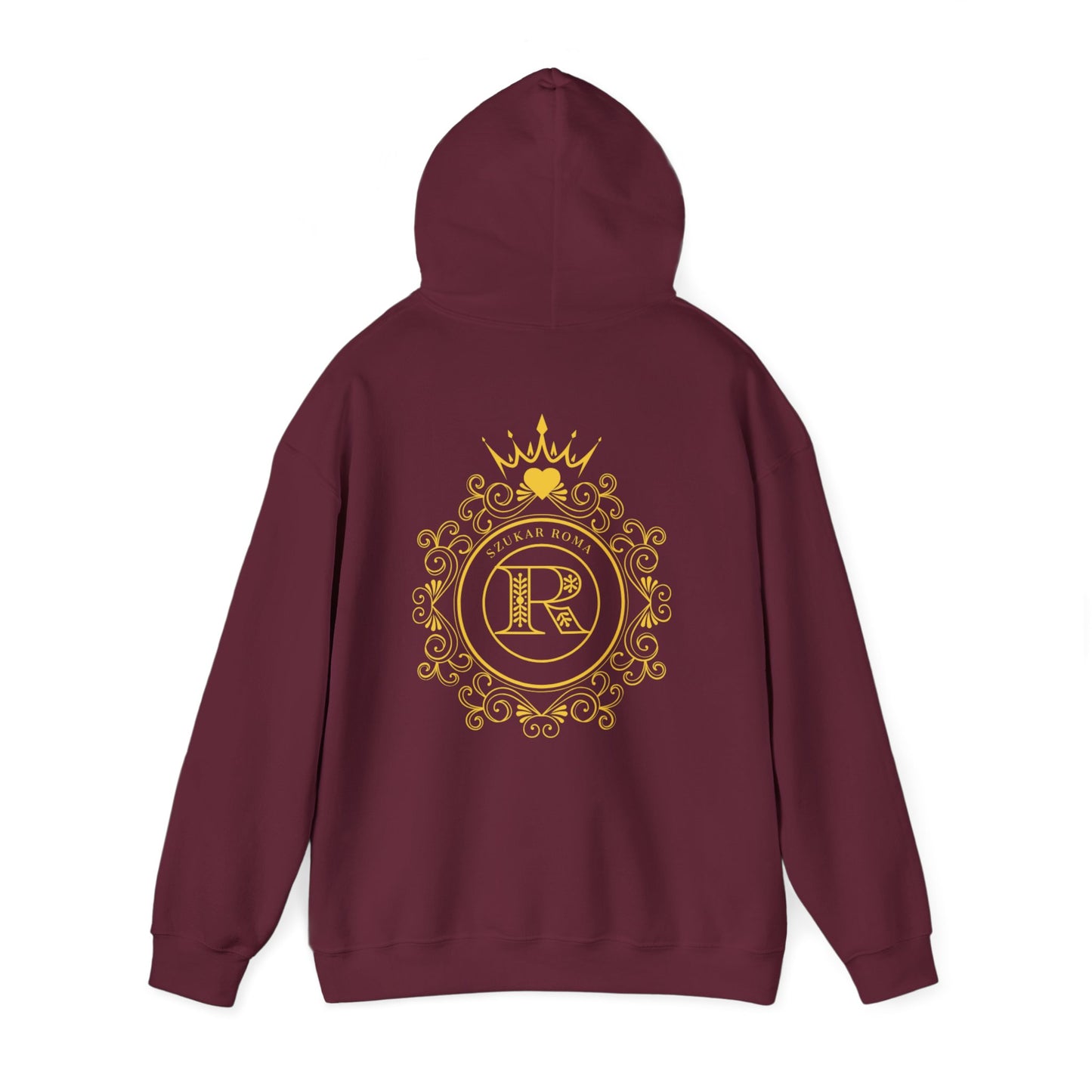 Classic-meets-street hoodie with a crowned letter R inside a clean-lined SZUKAR ROMA circle.


