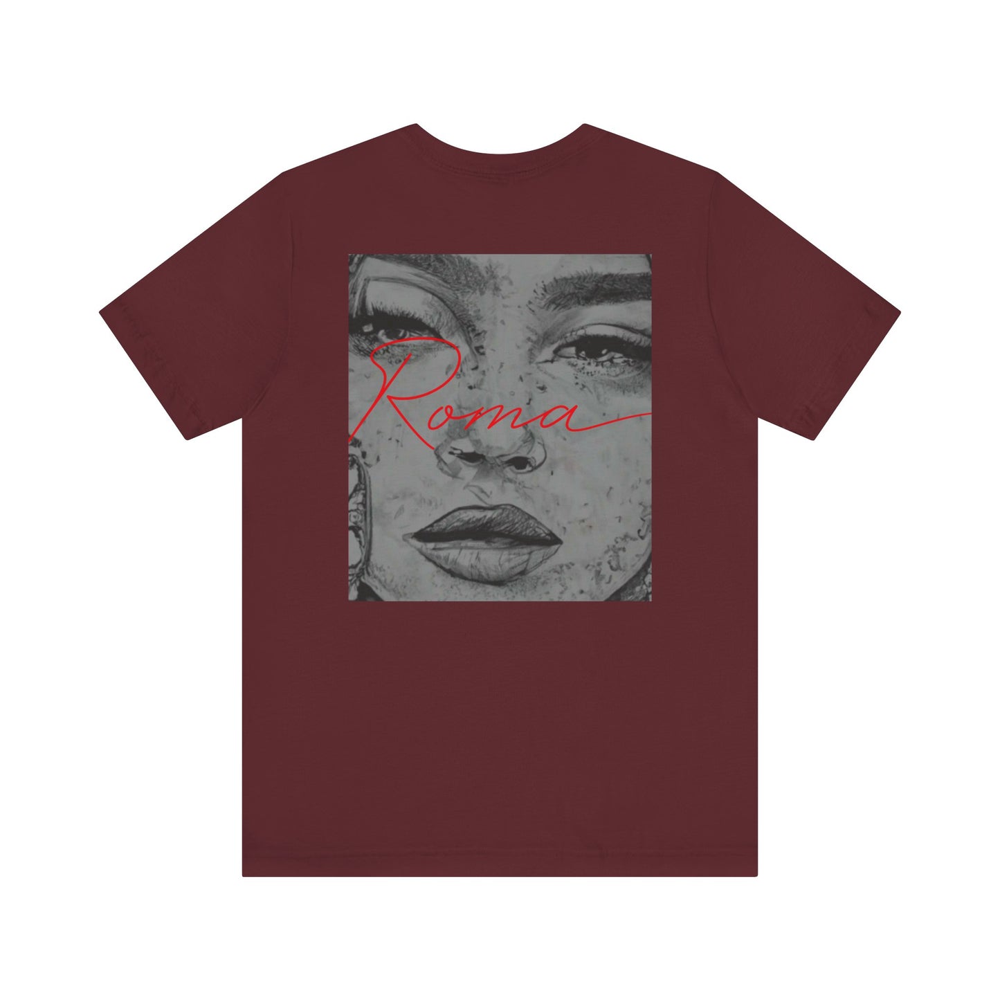 Black short sleeve t-shirt featuring a bold Roma statue centered, with the word ‘ATTENTION’ faintly stretched across the background and ‘Roma’ elegantly scripted underneath.