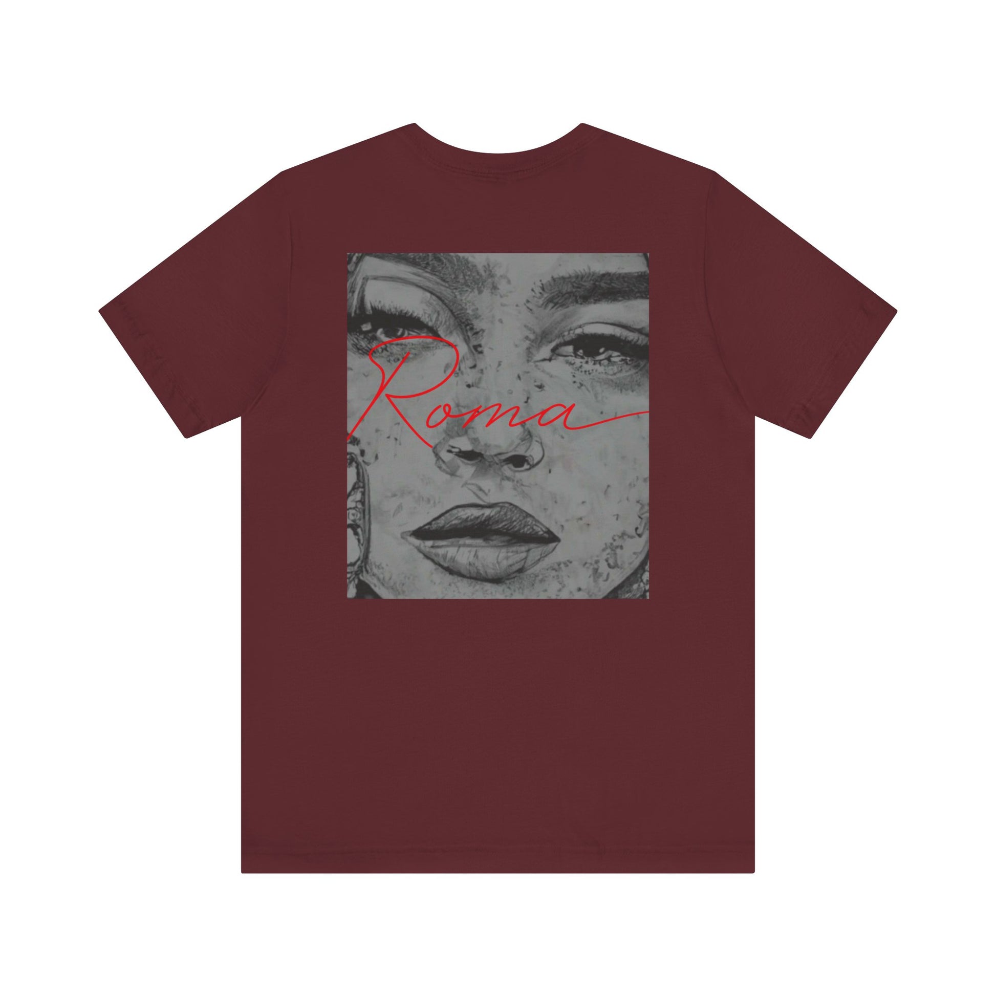 Black short sleeve t-shirt featuring a bold Roma statue centered, with the word ‘ATTENTION’ faintly stretched across the background and ‘Roma’ elegantly scripted underneath.