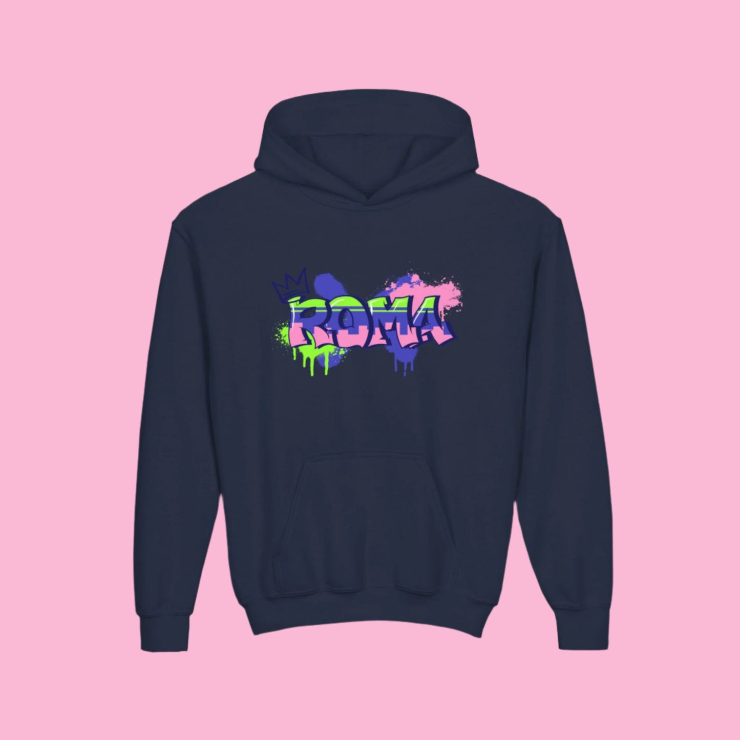 Cute hoodie for children with artistic ROMA text and subtle background graphic.