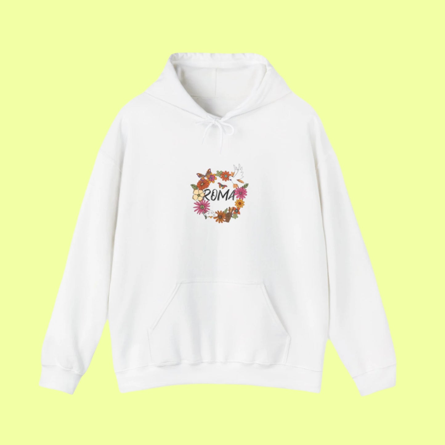 Modern casual hoodie where delicate flowers spiral into a circle, holding a white dove and italic “ROMA” lettering in the middle.

