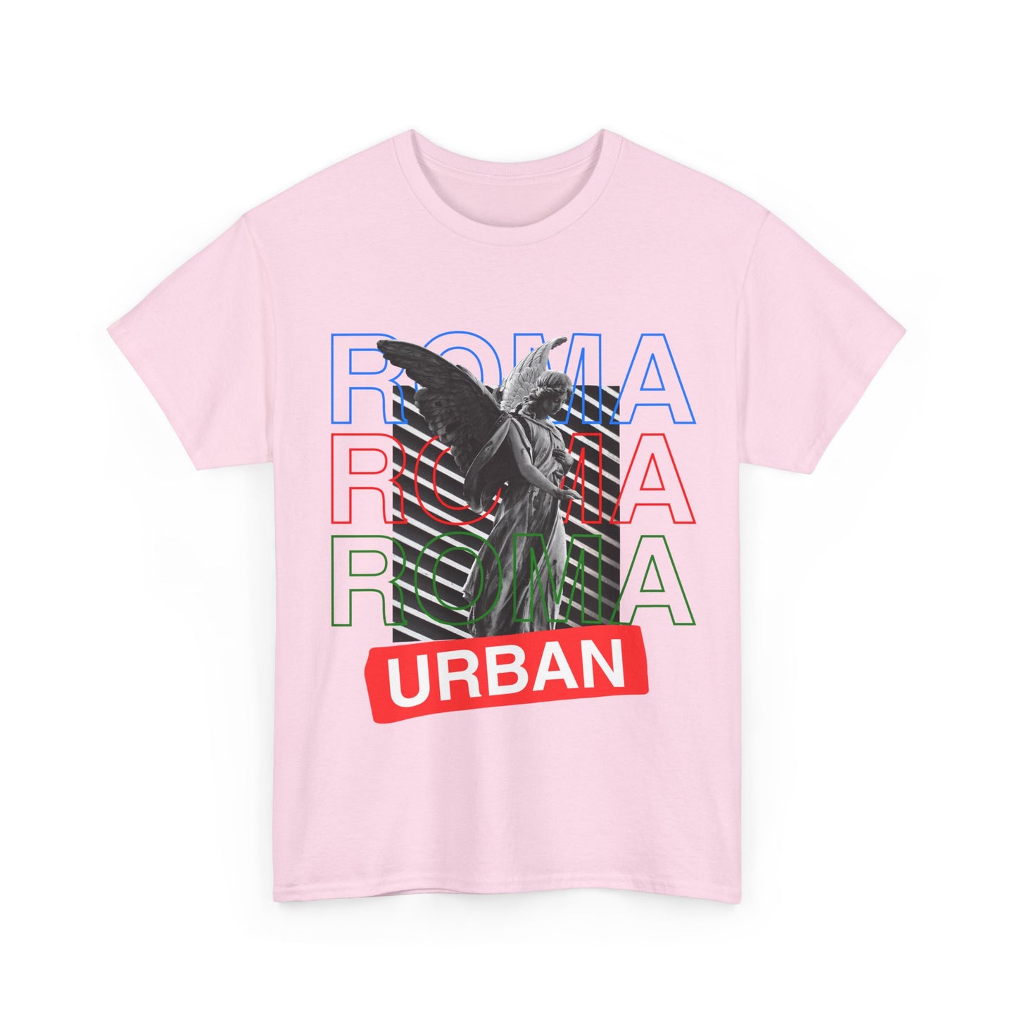 Fashion-forward T-shirt with classical angel figure and bold urban Rome branding in sketch style.