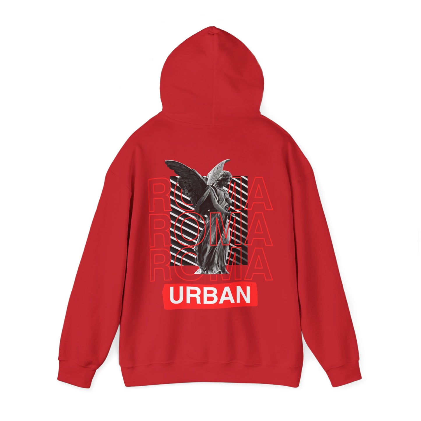 Black hoodie with minimalist design: statue fused with ROMA typography and subtle “URBAN” marking below.

