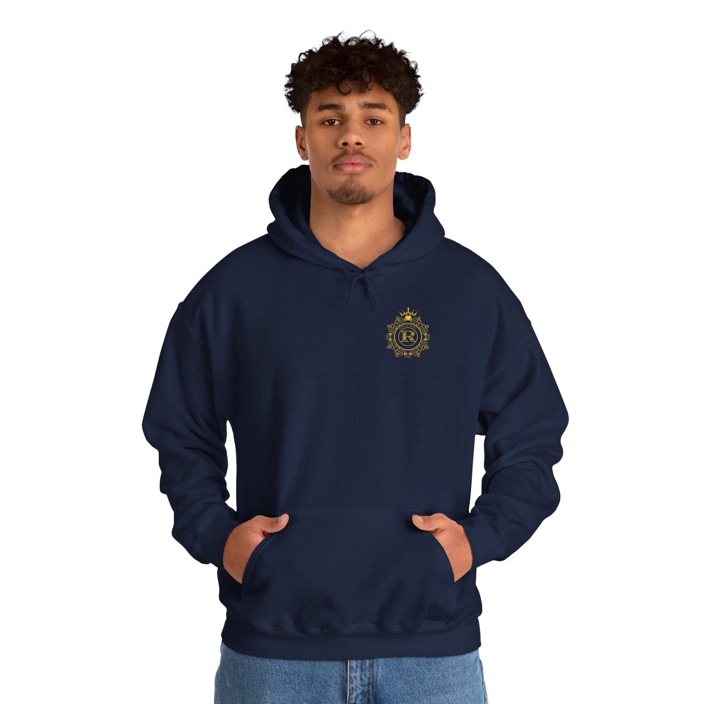 Stylish hoodie with SZUKAR ROMA circling a majestic R topped by a crown icon.

