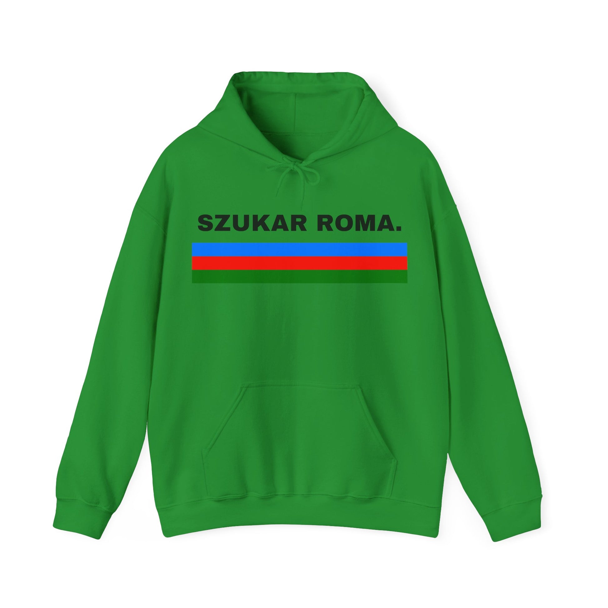 Cozy hoodie with Roma flag details on the sleeves and chest, accented by “SZUKAR ROMA.