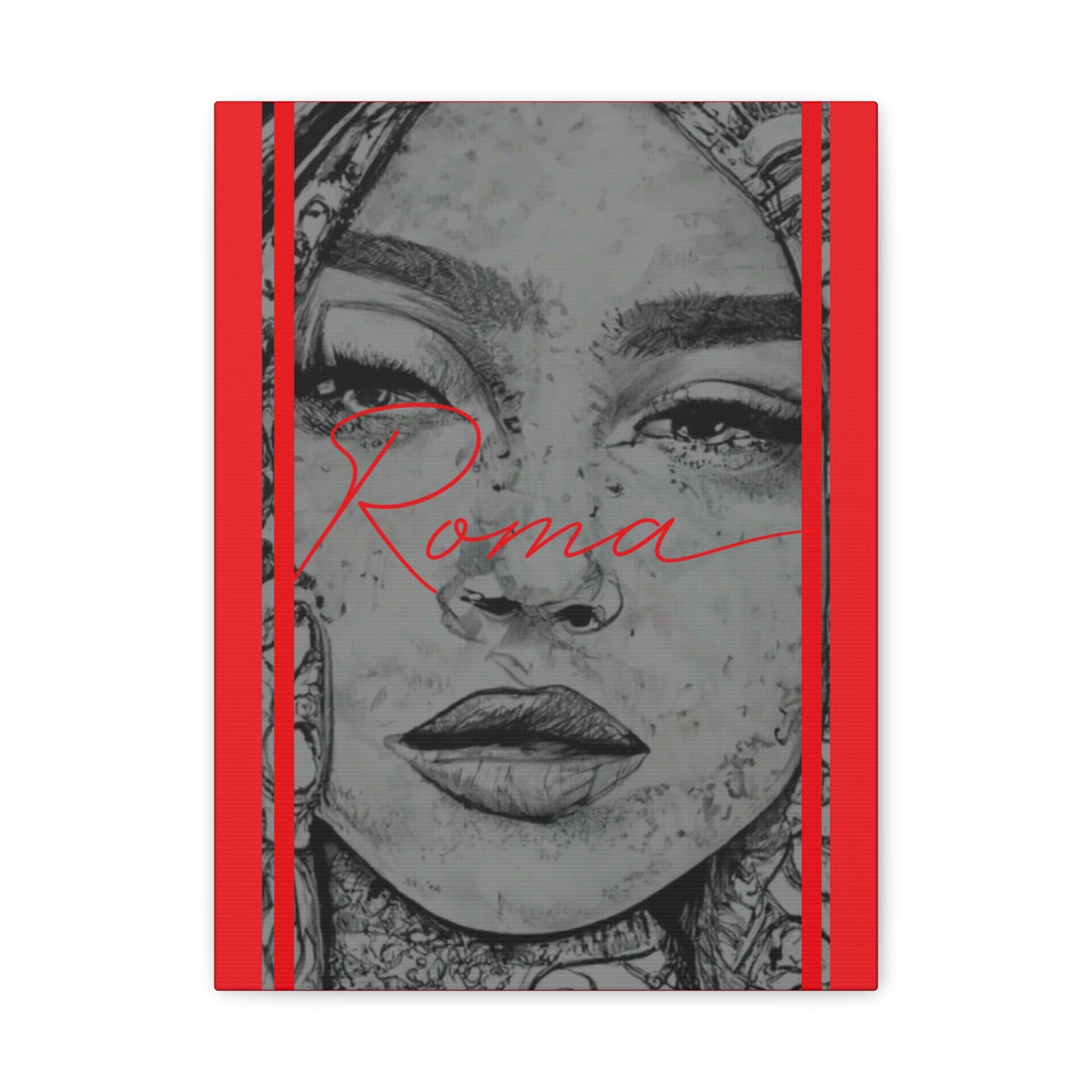 Close-up image on canvas capturing a girl’s sorrowful eyes, contrasted with clean ROMA typography.