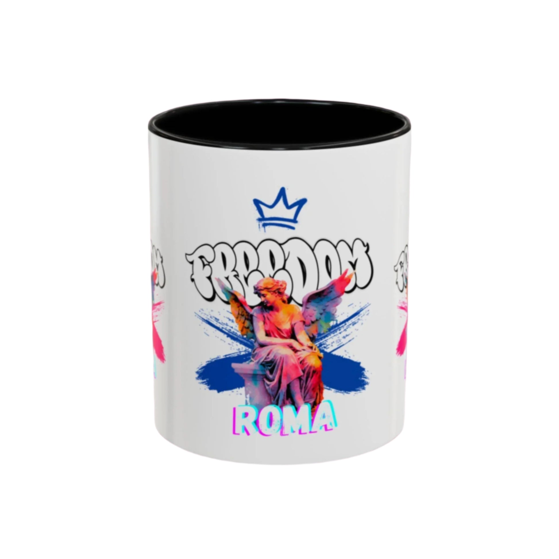 Sleek white mug featuring a vivid black handle and rim, presenting an angel crowned in pink that floats above faint freedom lettering.