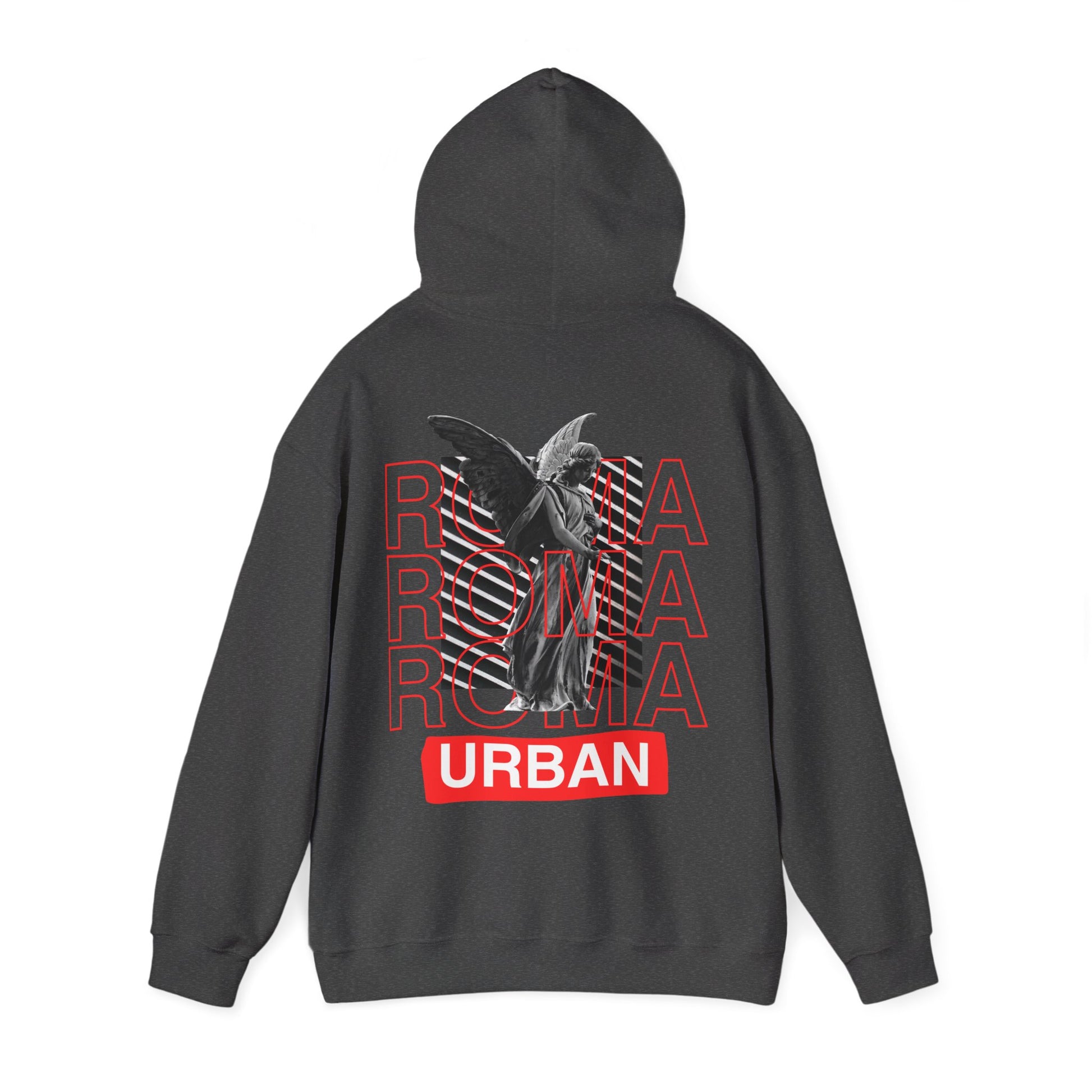 Hoodie with a powerful mix of ancient statue visuals and street ROMA branding plus “URBAN” label.

