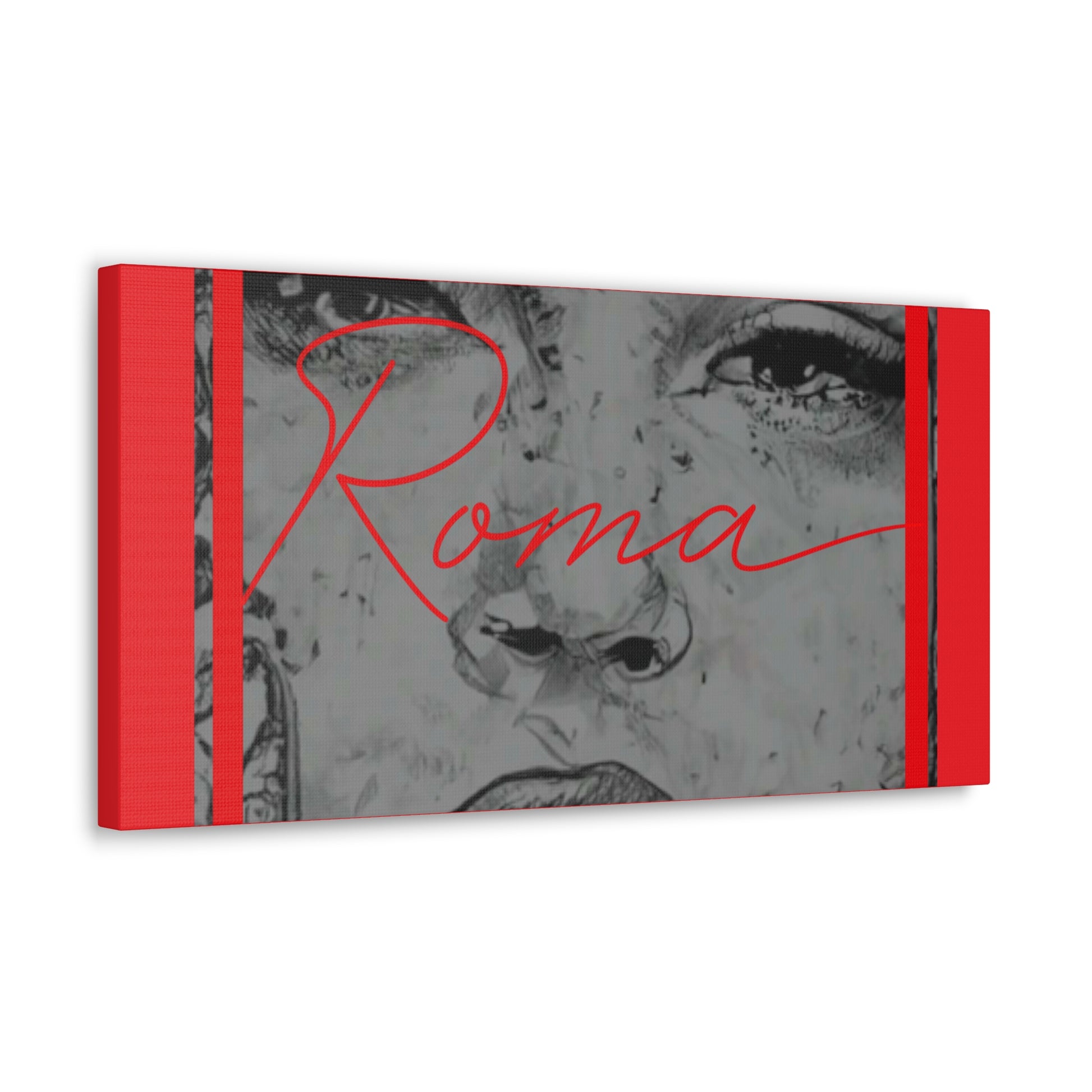 Modern wall art on canvas showing the emotional depth of a girl, accented by bold ROMA text.