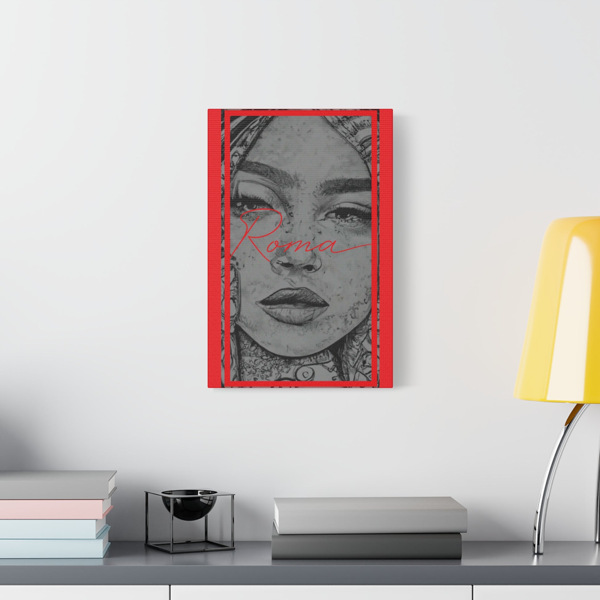 Wall canvas featuring a tender close-up of a girl's face, her eyes shimmering with emotion, accented by the bold ROMA lettering.