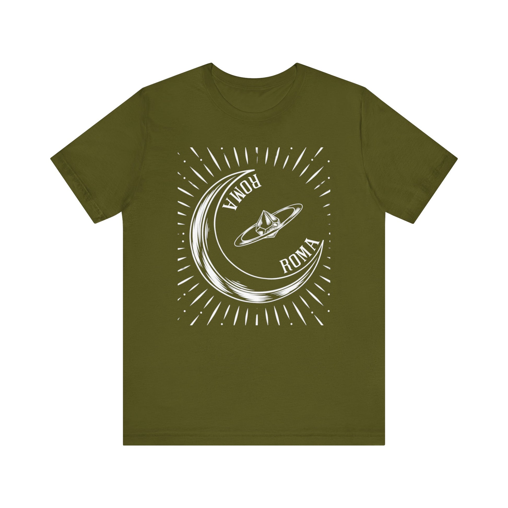 Unisex T-shirt with cosmic moon design and modern ROMA font across the chest.