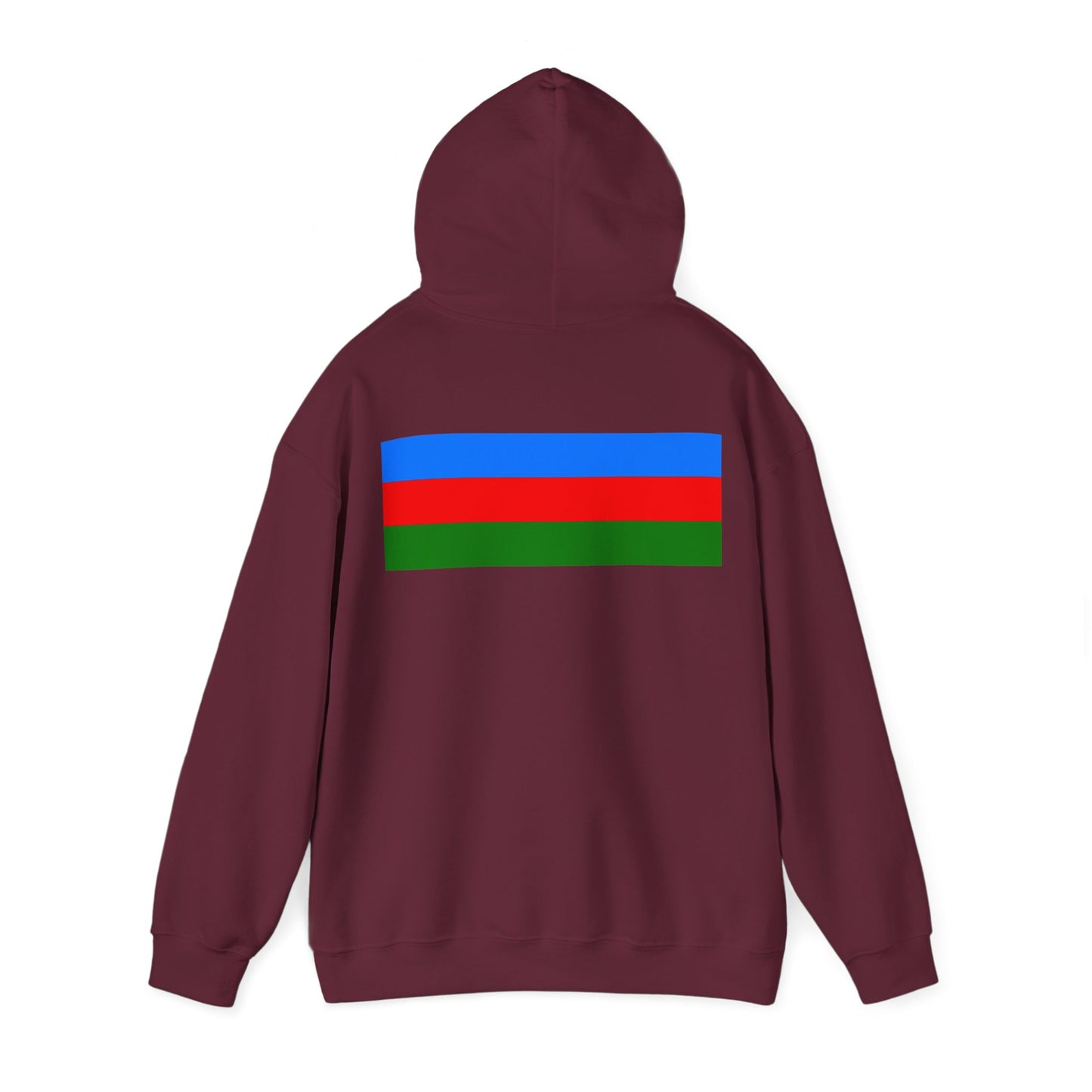 Classic black hoodie with the Roma flag wheel behind the neck and “SZUKAR ROMA” centered.