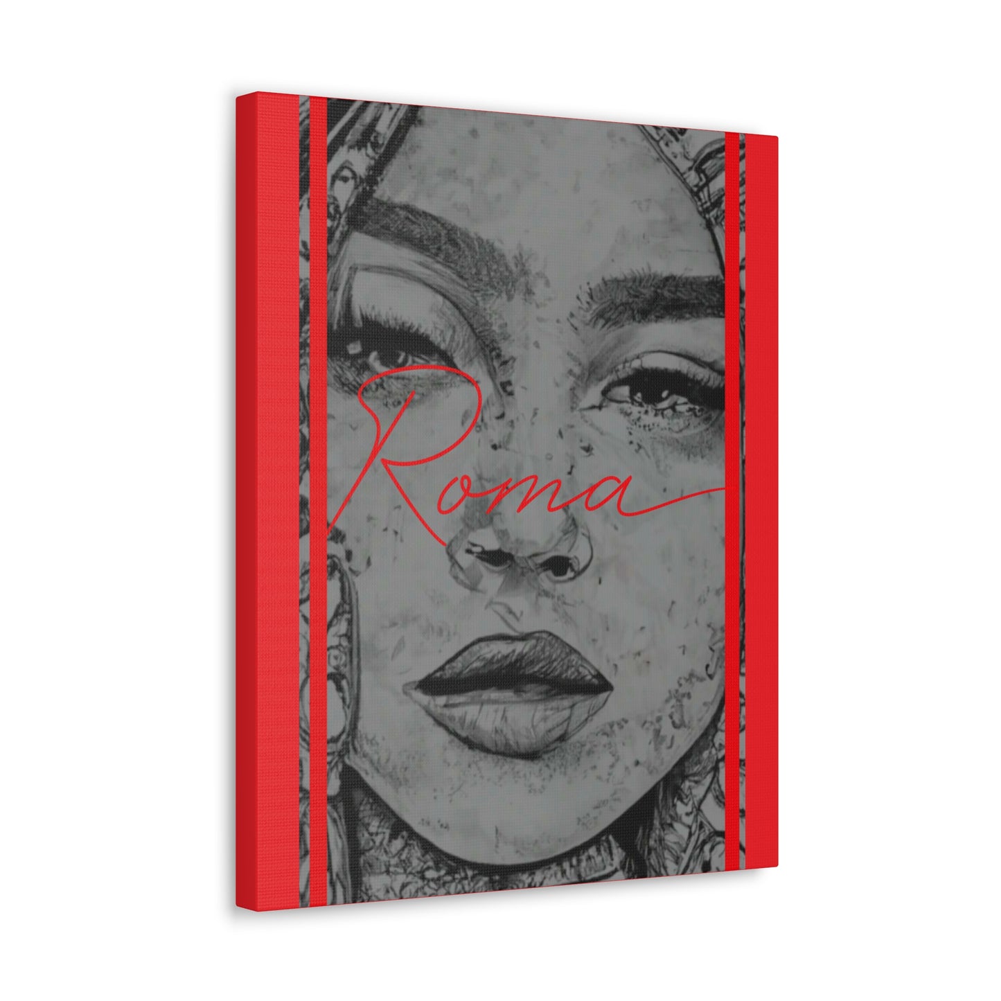 Stylized wall canvas capturing the raw essence of a girl's emotion, with impactful ROMA branding above or below.