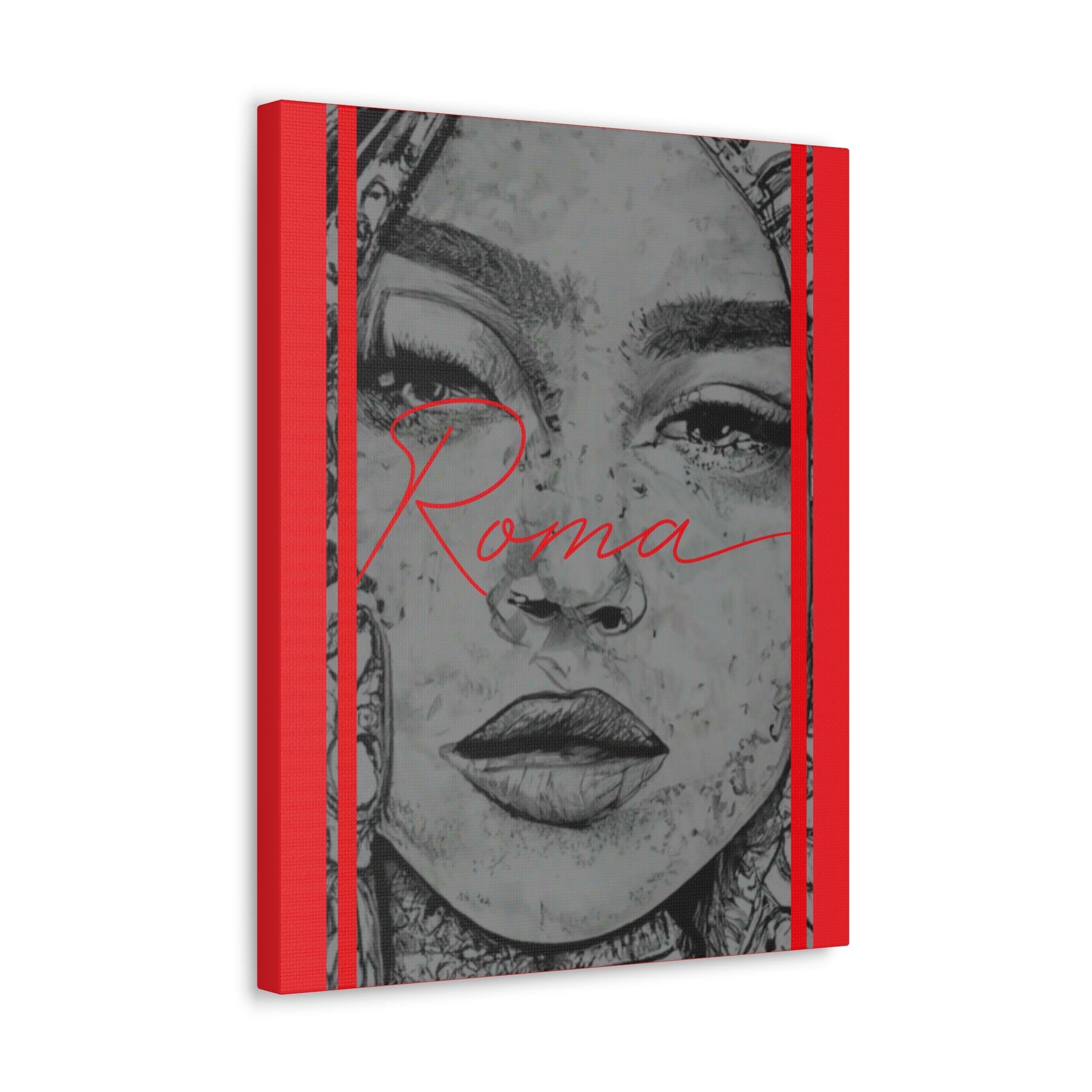 Stylized wall canvas capturing the raw essence of a girl's emotion, with impactful ROMA branding above or below.