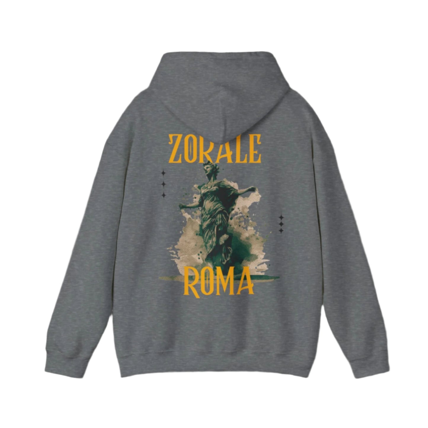 Hoodie design featuring a classical angel statue with the word “ROMA” boldly layered across the chest in a contemporary font.

