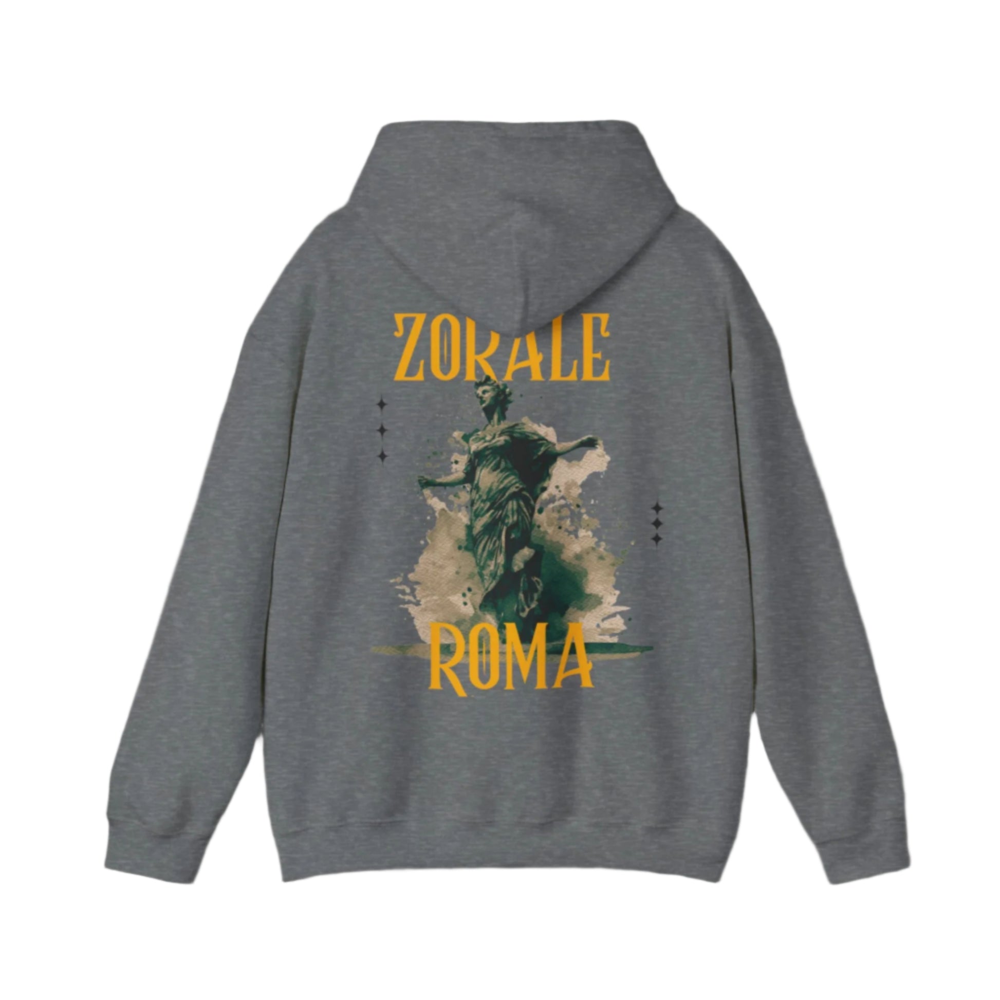 Hoodie design featuring a classical angel statue with the word “ROMA” boldly layered across the chest in a contemporary font.

