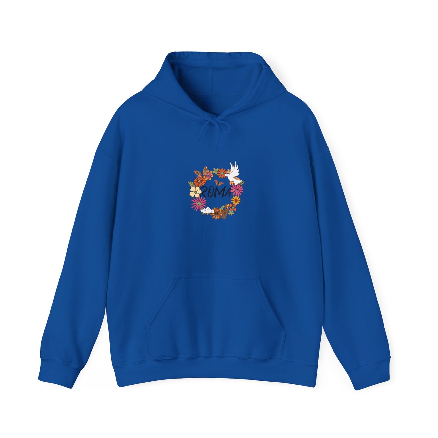 Stylish hoodie with a hand-drawn floral ring, gentle dove motif, and minimal “ROMA” lettering inside the design.

