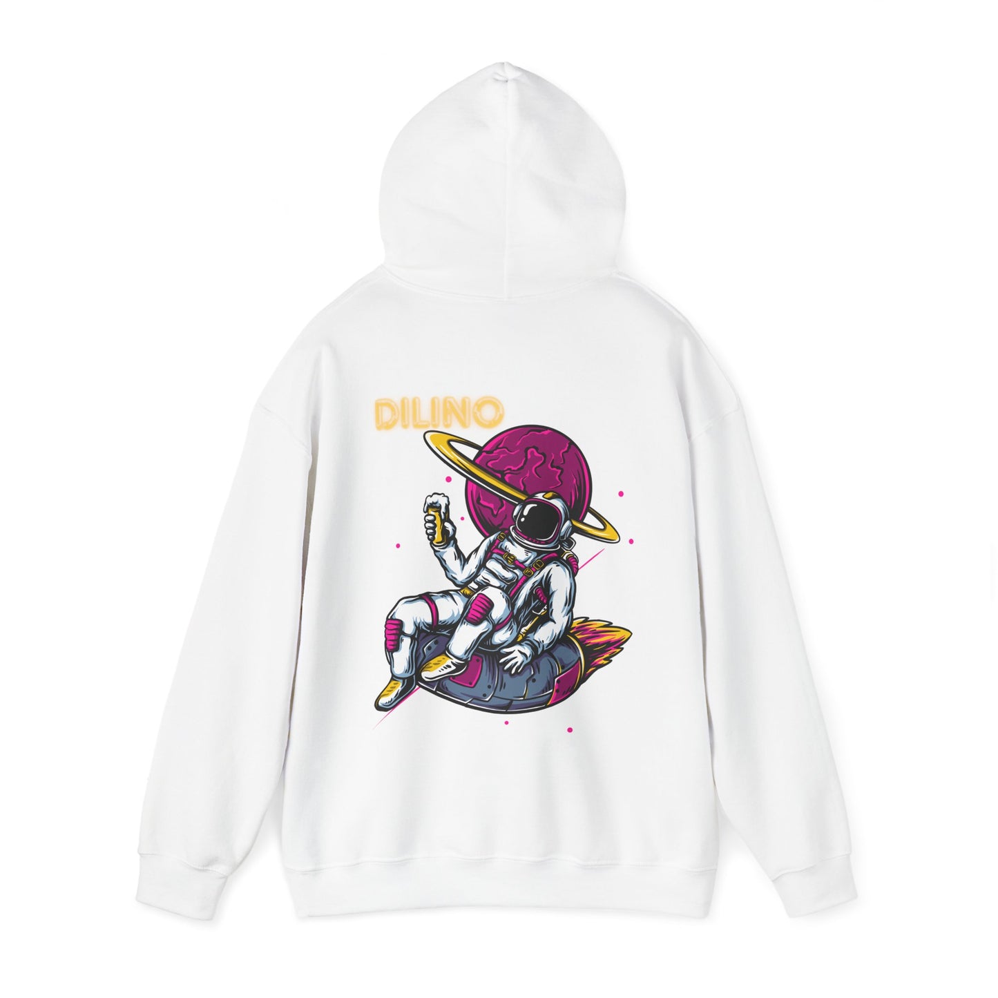 Hoodie showcasing a gravity-free astronaut illuminated by a soft moon glow, with “DILINO” text grounding the galactic vibe.

