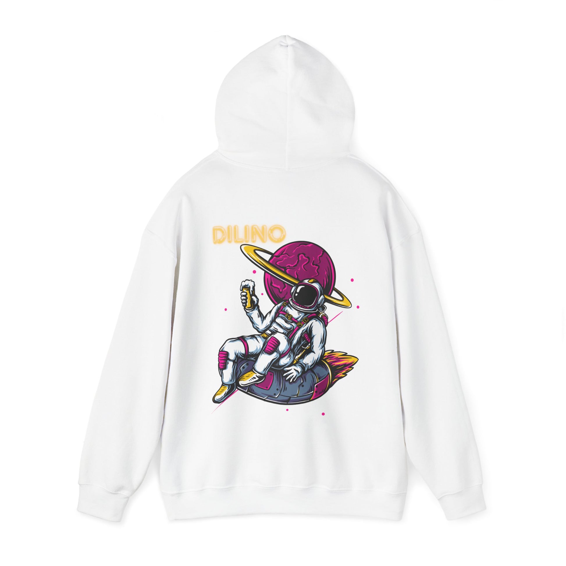 Hoodie showcasing a gravity-free astronaut illuminated by a soft moon glow, with “DILINO” text grounding the galactic vibe.

