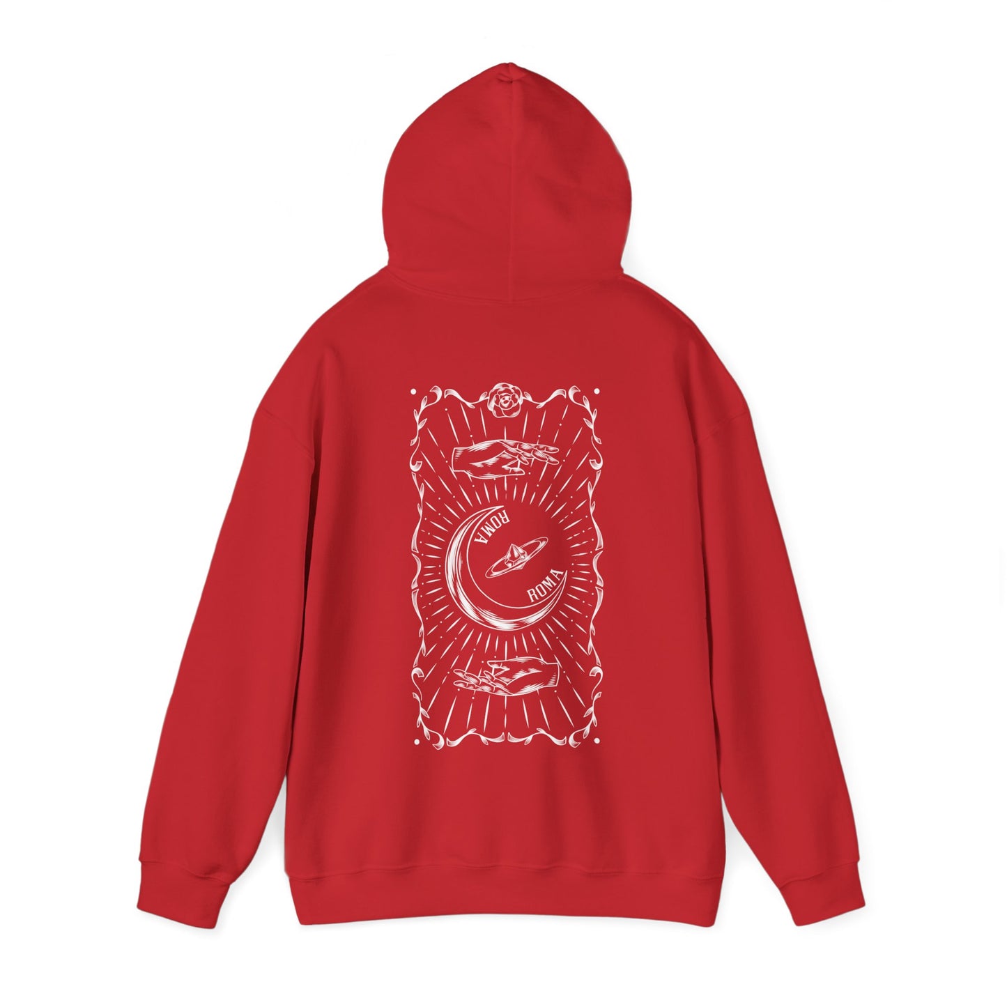 Red streetwear hoodie featuring half-moon design and statement ROMA lettering.