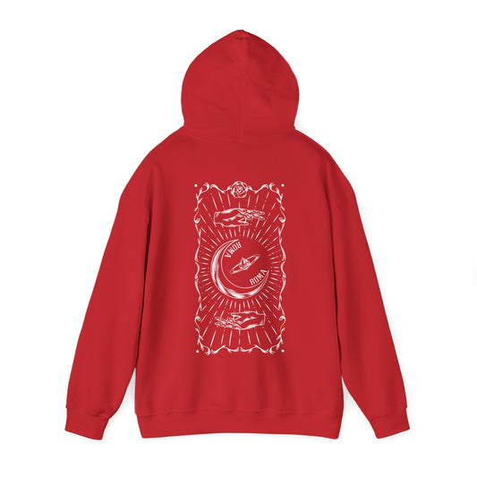Red streetwear hoodie featuring half-moon design and statement ROMA lettering.