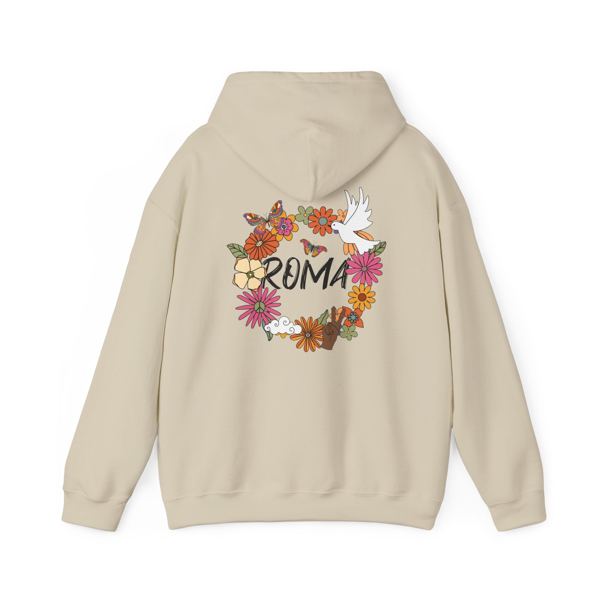 Elegant hoodie with a botanical ring surrounding a minimalist dove and the word “ROMA” in a refined serif font.