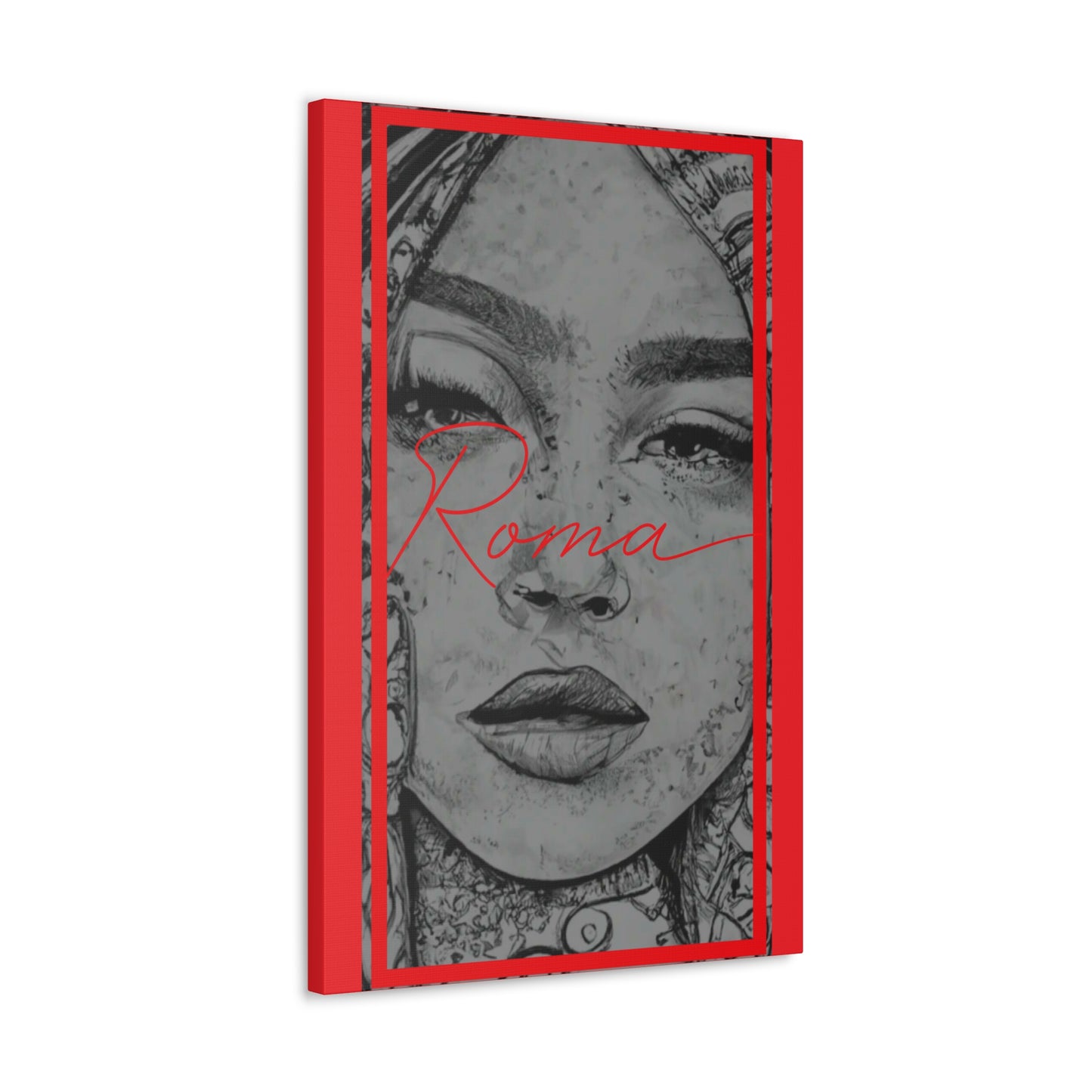 Canvas artwork reflecting quiet sorrow in a girl’s face, layered with a strong ROMA message.