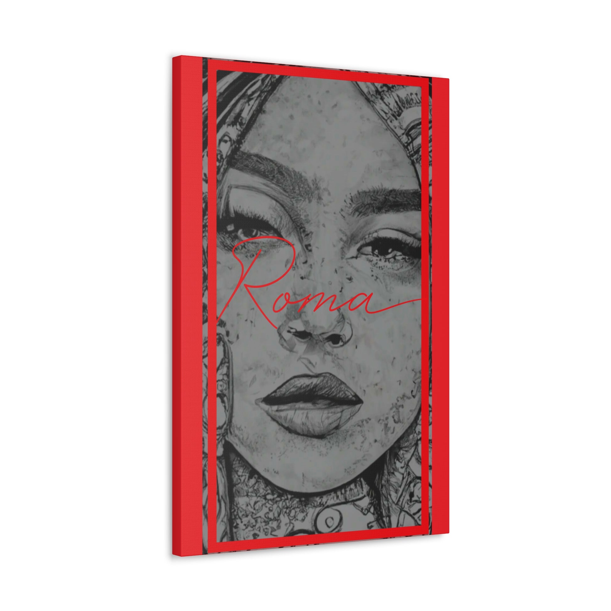Canvas artwork reflecting quiet sorrow in a girl’s face, layered with a strong ROMA message.