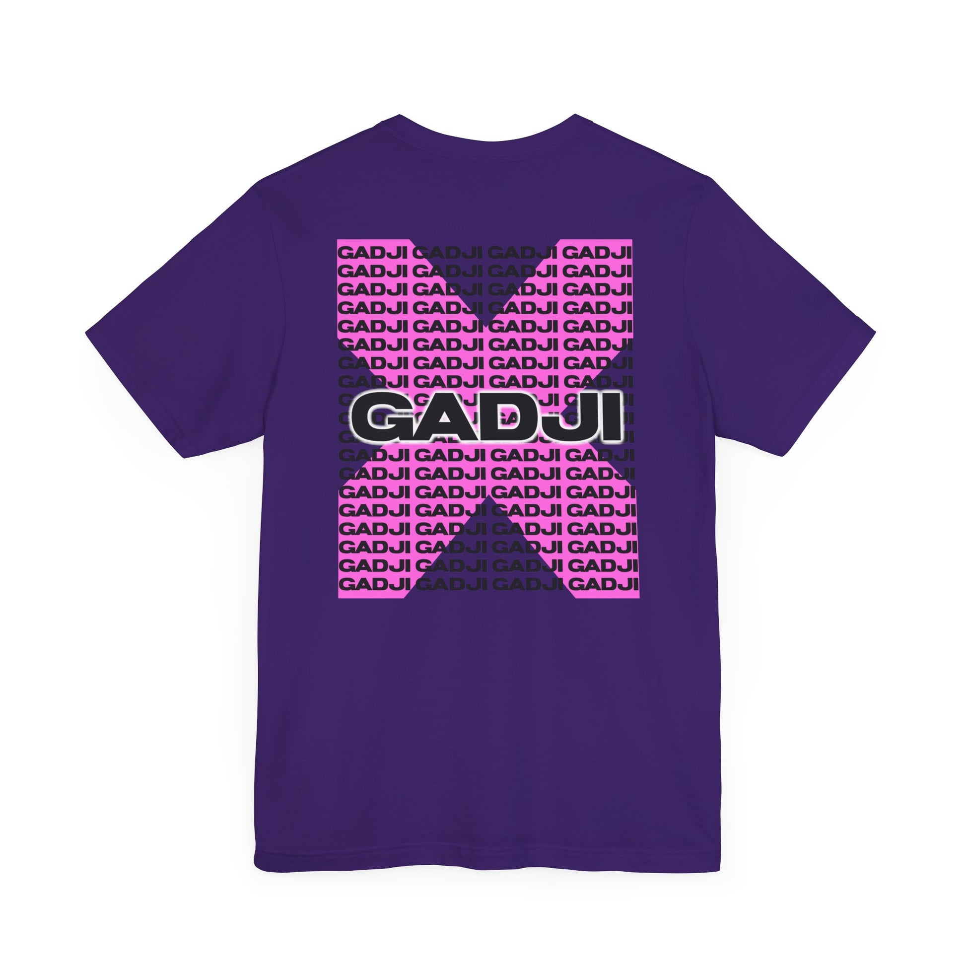 Purple tee with GADJI text curved like a Roman temple archway, faded gold finish.