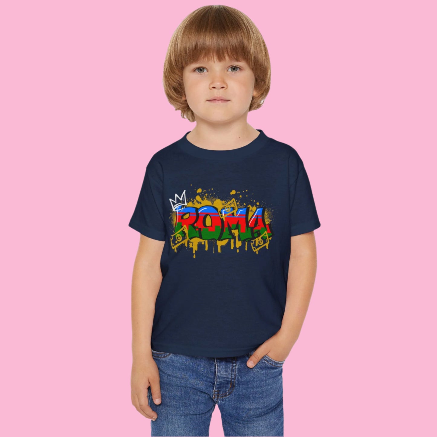 Short sleeve dark blue tee featuring  ROMA wordmark