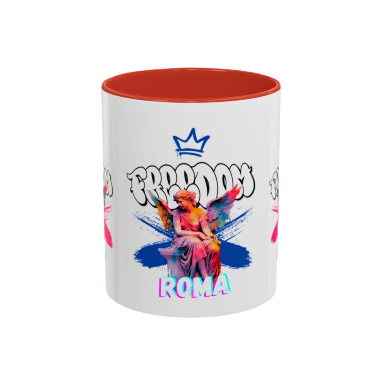 White mug with bold orange trimming, decorated with a whimsical angel crowned in rose pink and accompanied by layered ROMA script.