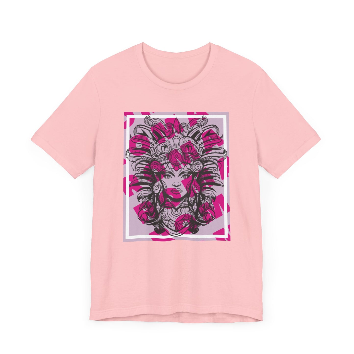 Artistic shirt design showcasing a girl with intense eyes, tribal facial markings, and headwear rich with symbolic patterns.