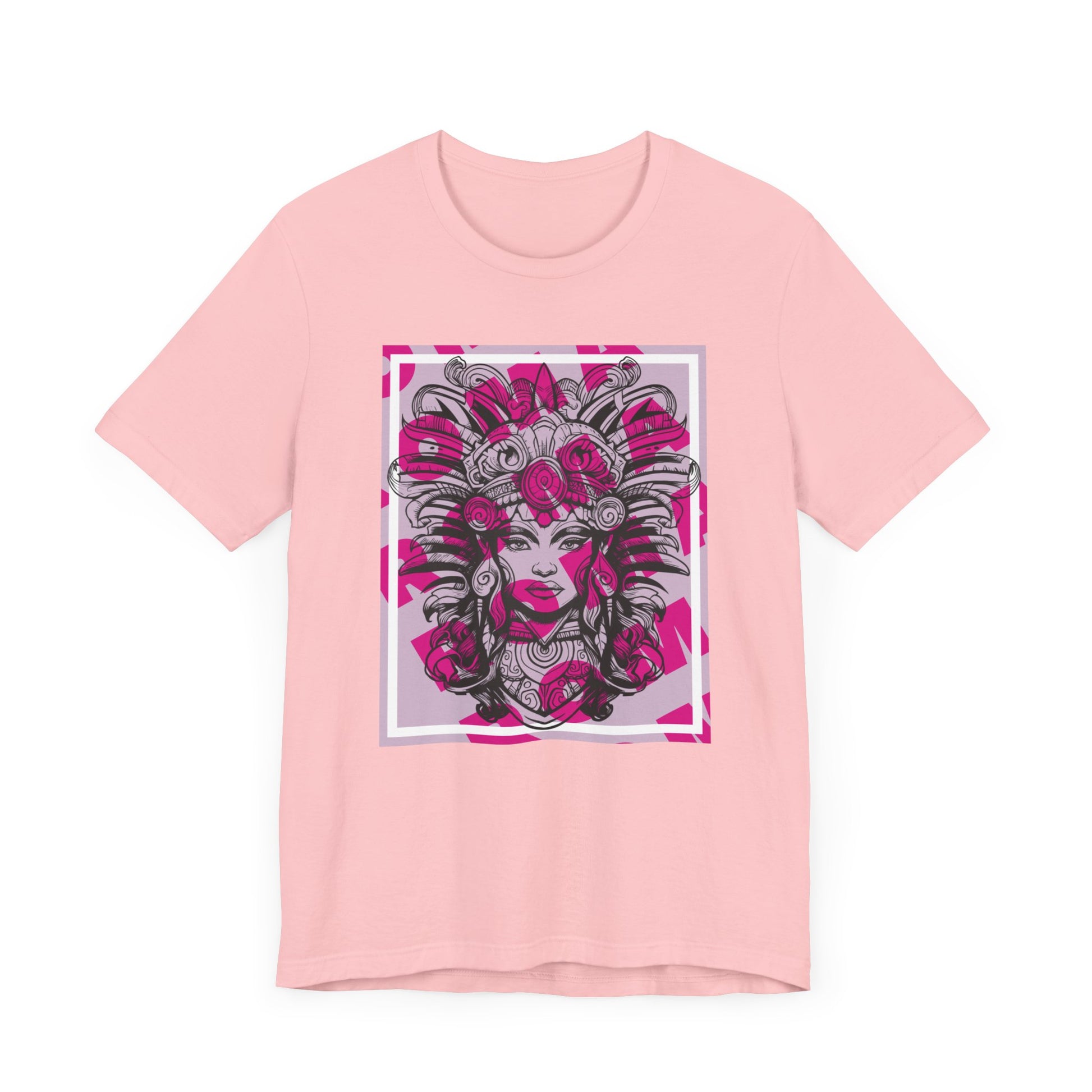 Artistic shirt design showcasing a girl with intense eyes, tribal facial markings, and headwear rich with symbolic patterns.