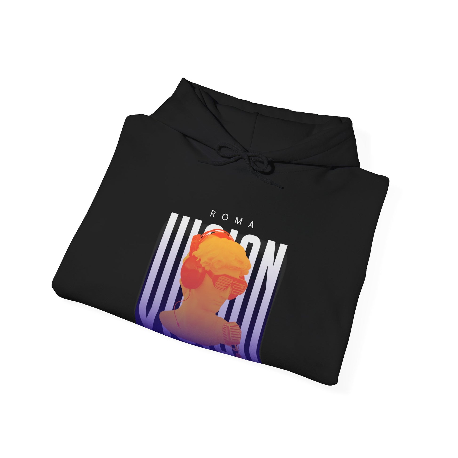 Comfortable hoodie displaying a detailed girl image overlaid with ‘ROMA’ lettering and ‘VISION’ text in the backdrop.