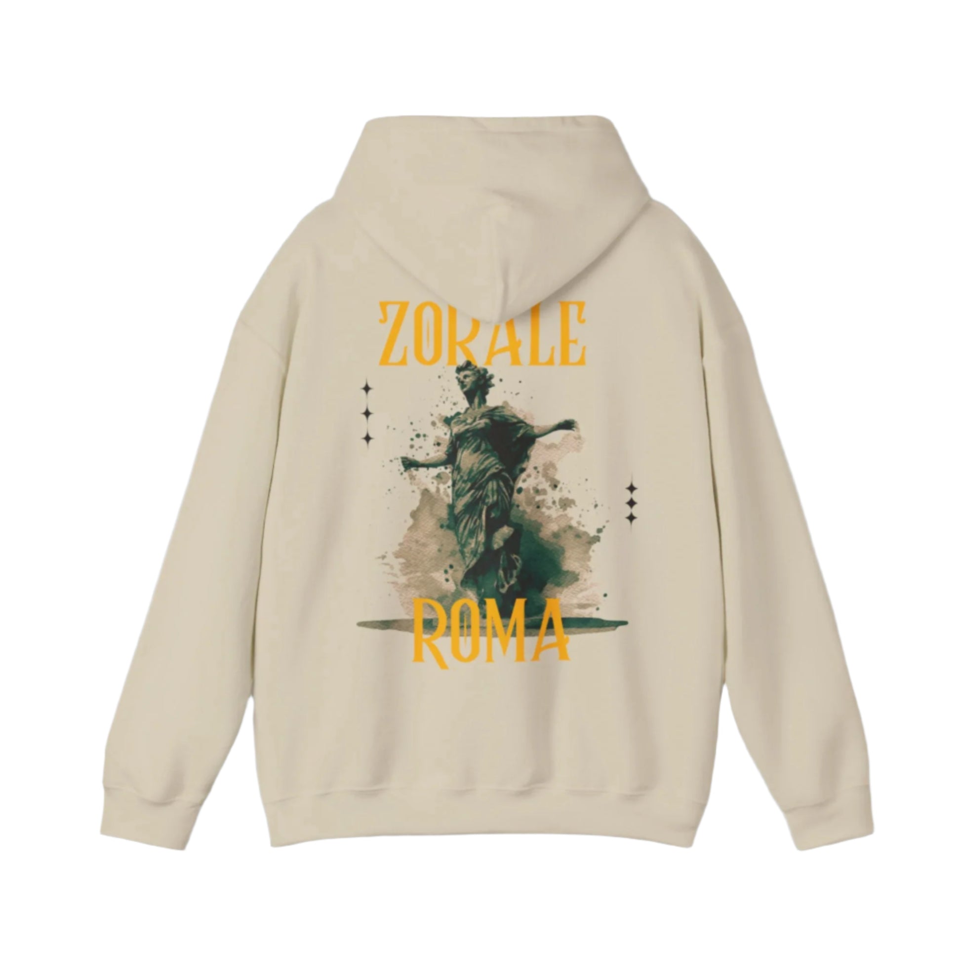 Beige hoodie with 'Zokale Roma' design on the back against a white background