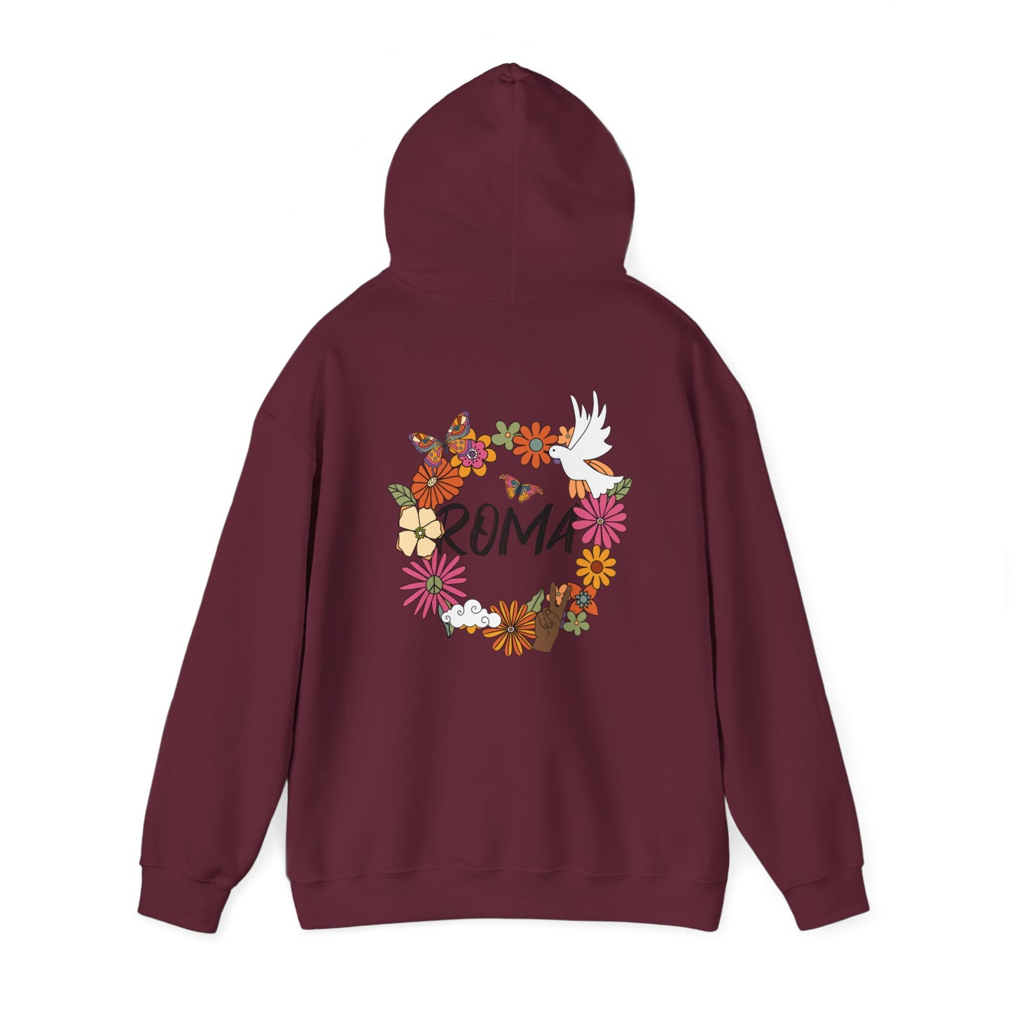 Hoodie design with a natural flower circle enclosing a dove silhouette and “ROMA” lettering at the center.