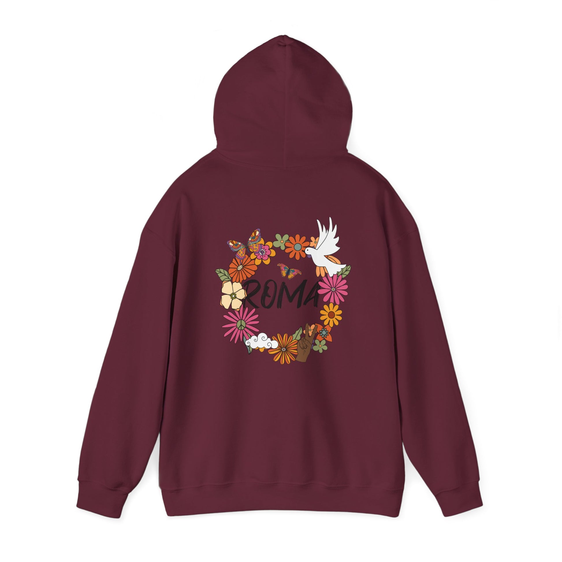 Hoodie design with a natural flower circle enclosing a dove silhouette and “ROMA” lettering at the center.