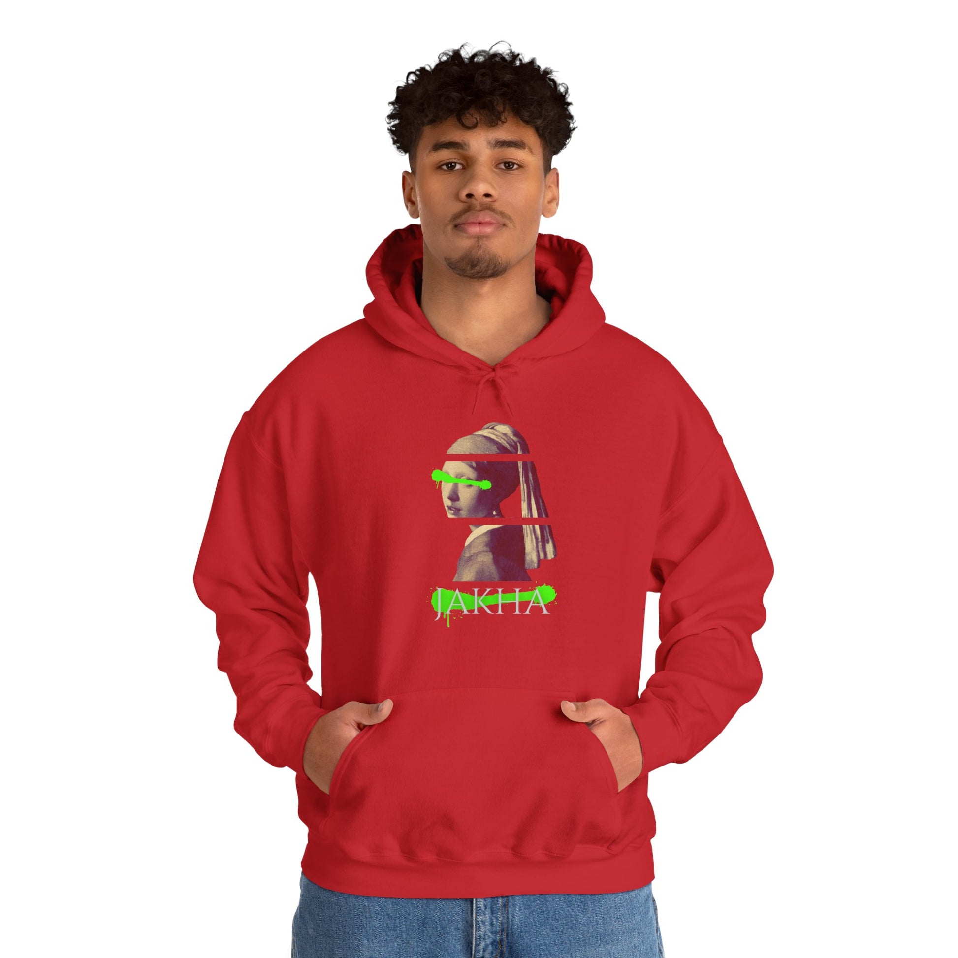 Hoodie design centered with a symbolic JAKITA TEXT with a woman featuring SZUKAR ROMA.
