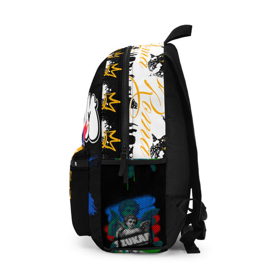 Stylish backpack displaying ROMA lettering topped with a regal crown graphic.

