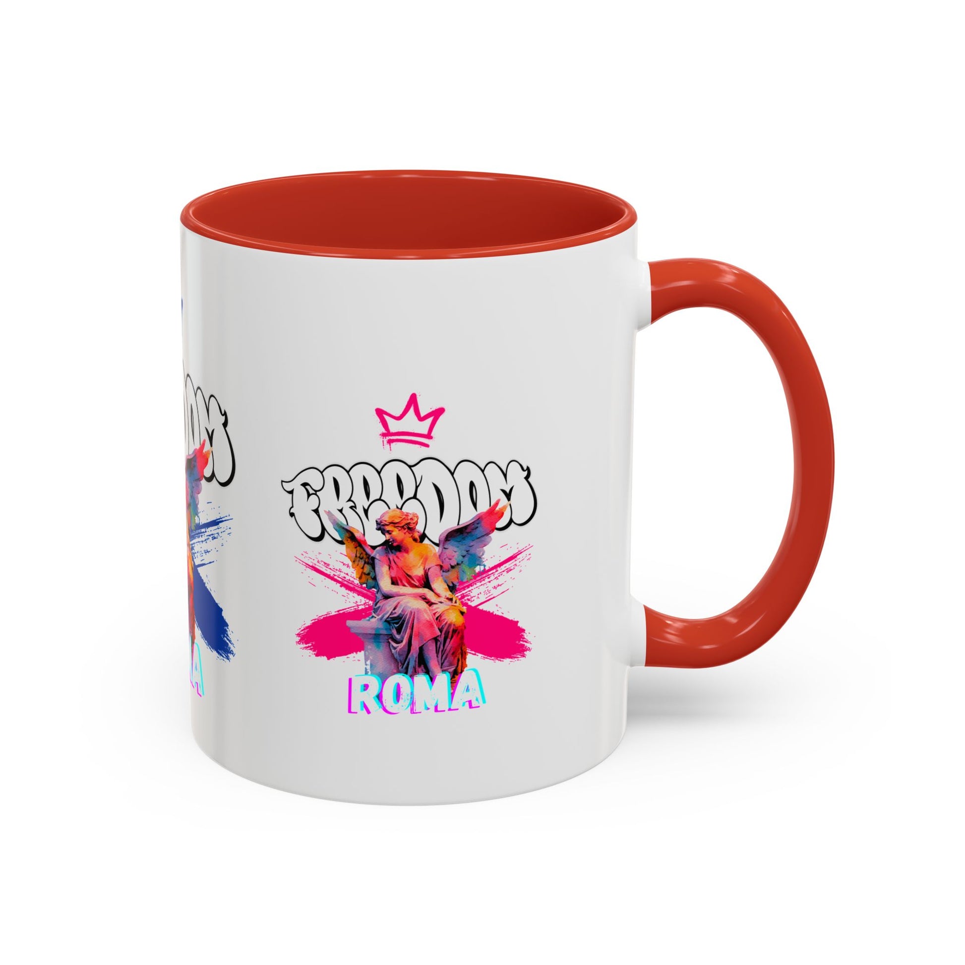 Orange red coffee mug with matching pink handle , crowned angel and ROMA text