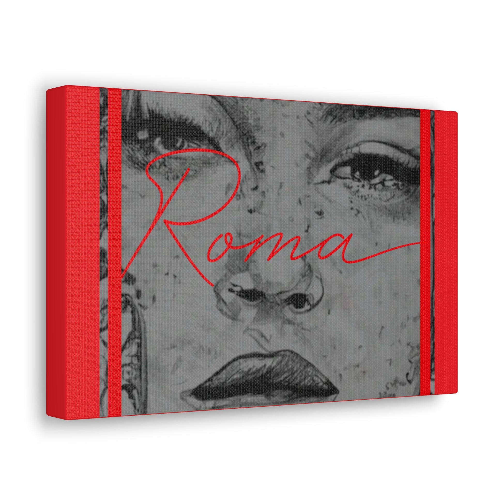 Stylized canvas showing a young girl's close-up with glossy eyes, tears glinting, beside minimalist ROMA text.
